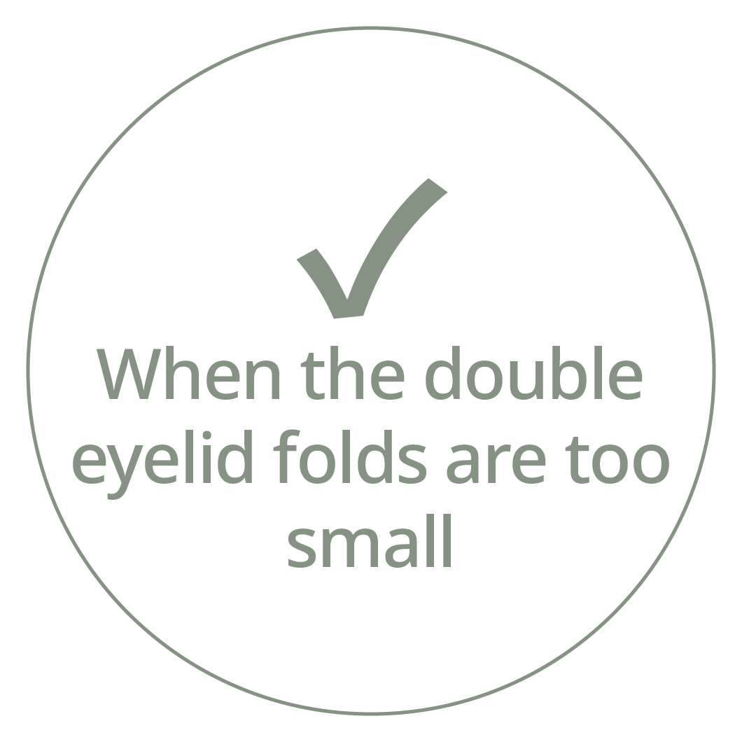 Card with a checkmark and the phrase "When the double eyelid folds are too small"