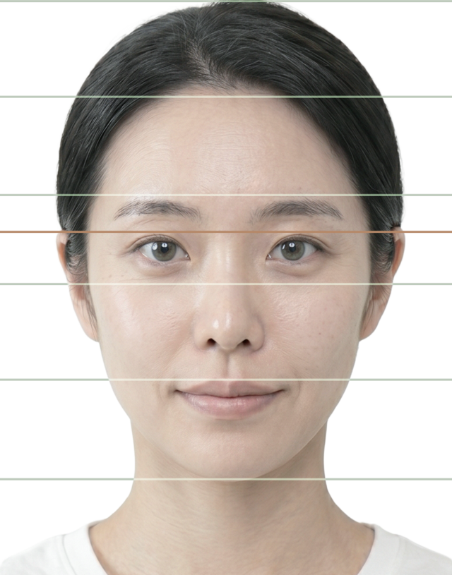노화 부위 분석을 위해 구역을 표시한 얼굴 사진