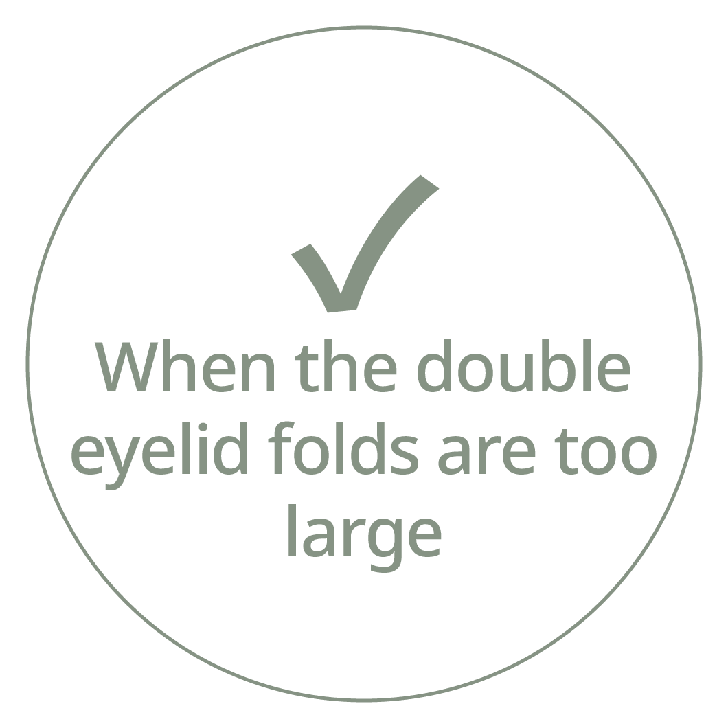 Card with a checkmark and the phrase "When the double eyelid folds are too large"
