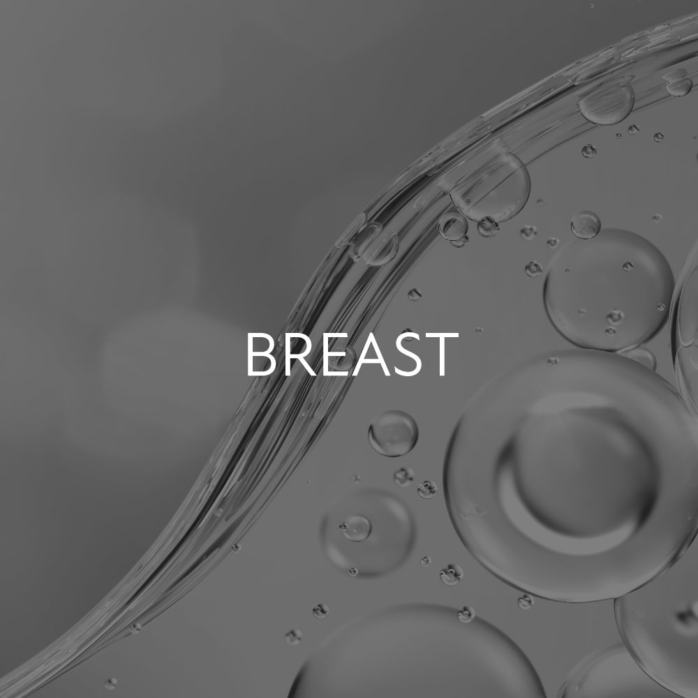투명한 오일과 기포 이미지, 'BREAST' 문구