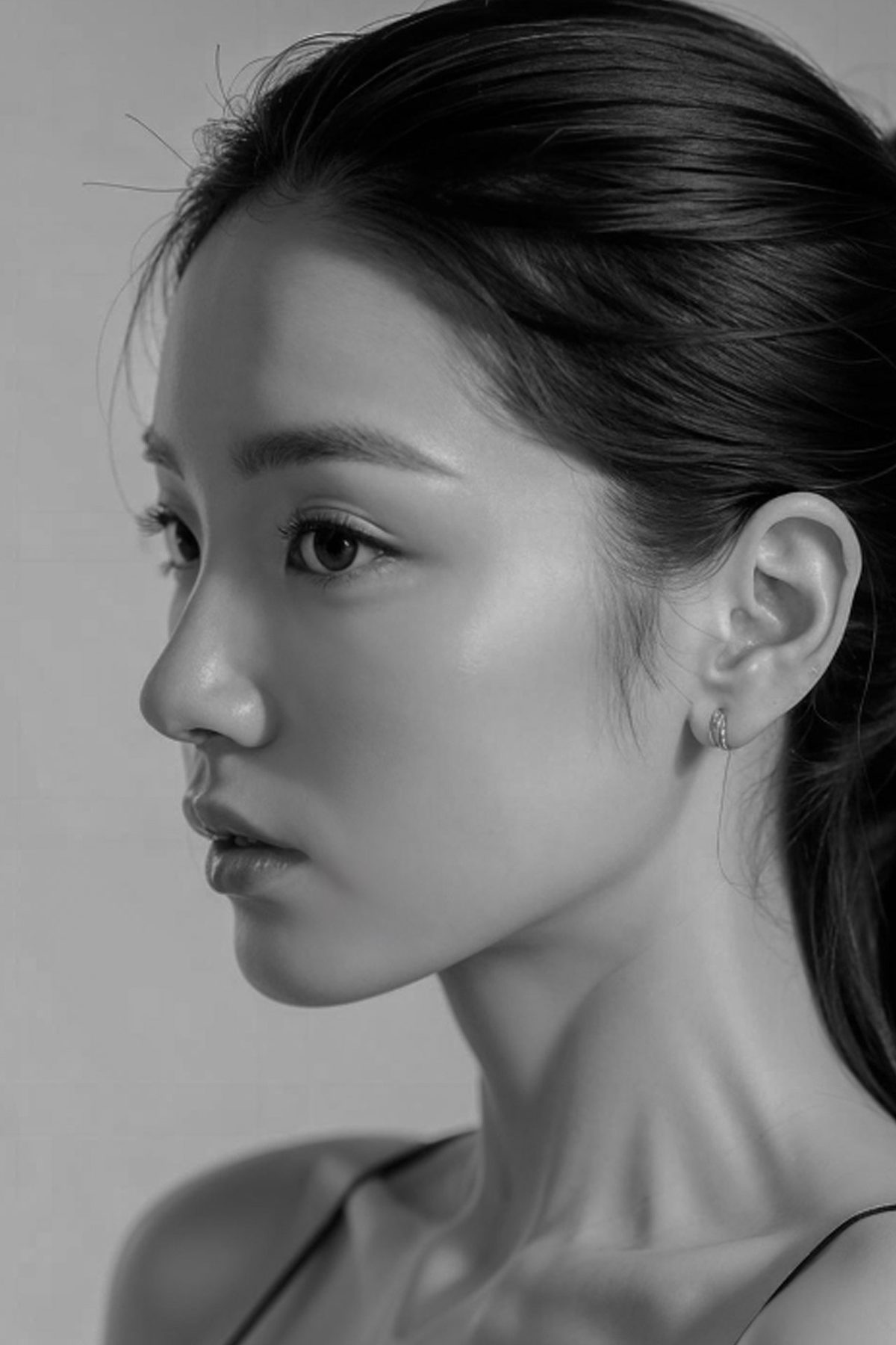 옆모습을 보인 여성의 흑백 클로즈업 사진