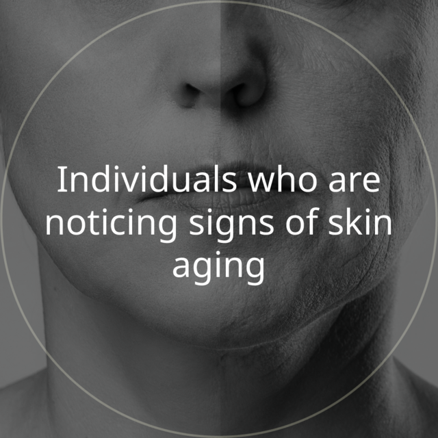 Circular black-and-white close-up comparing left and right lower face: individuals who are noticing signs of skin aging