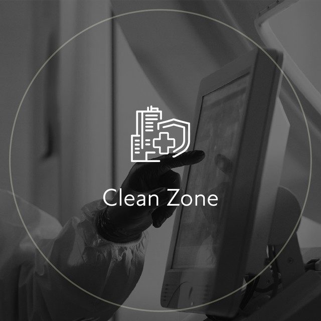 Clean Zone: icon over a gloved hand pointing at a monitor