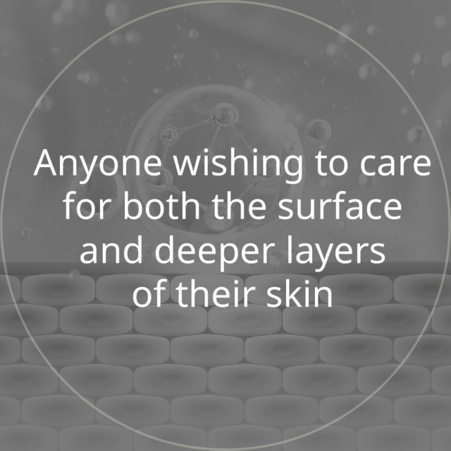 Circular graphic of water droplets and a molecular structure: anyone wishing to care for both the surface and deeper layers of their skin
