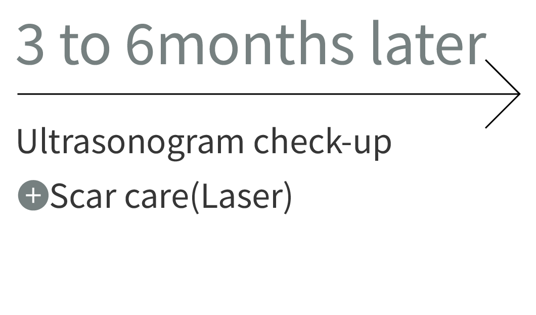 3 to 6 months later: Ultrasonogram check-up, Scar care (Laser)