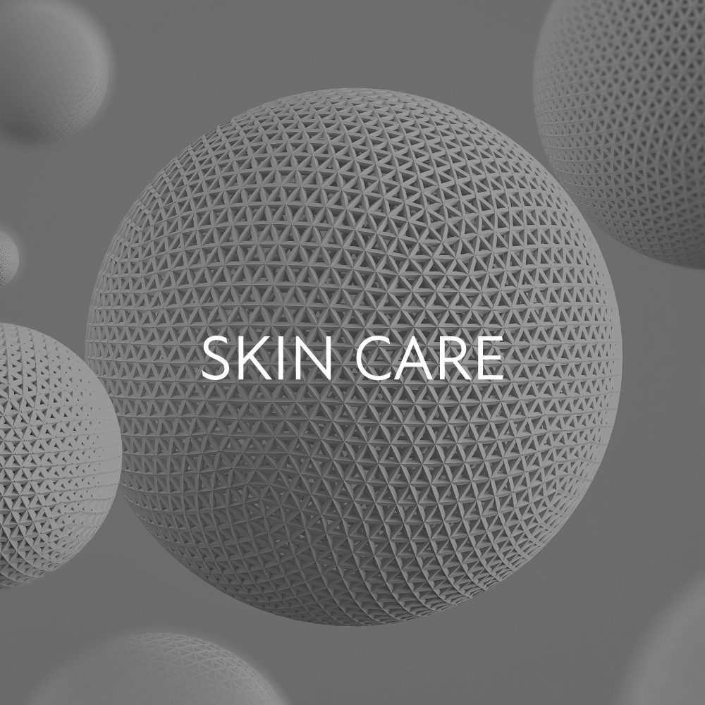 그물망 무늬의 구체 이미지, 'SKIN CARE' 문구