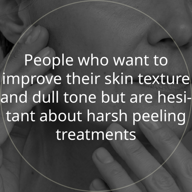 Circular close-up of a cheek and hand: people who want to improve their skin texture and dull tone but are hesitant about harsh peeling treatments
