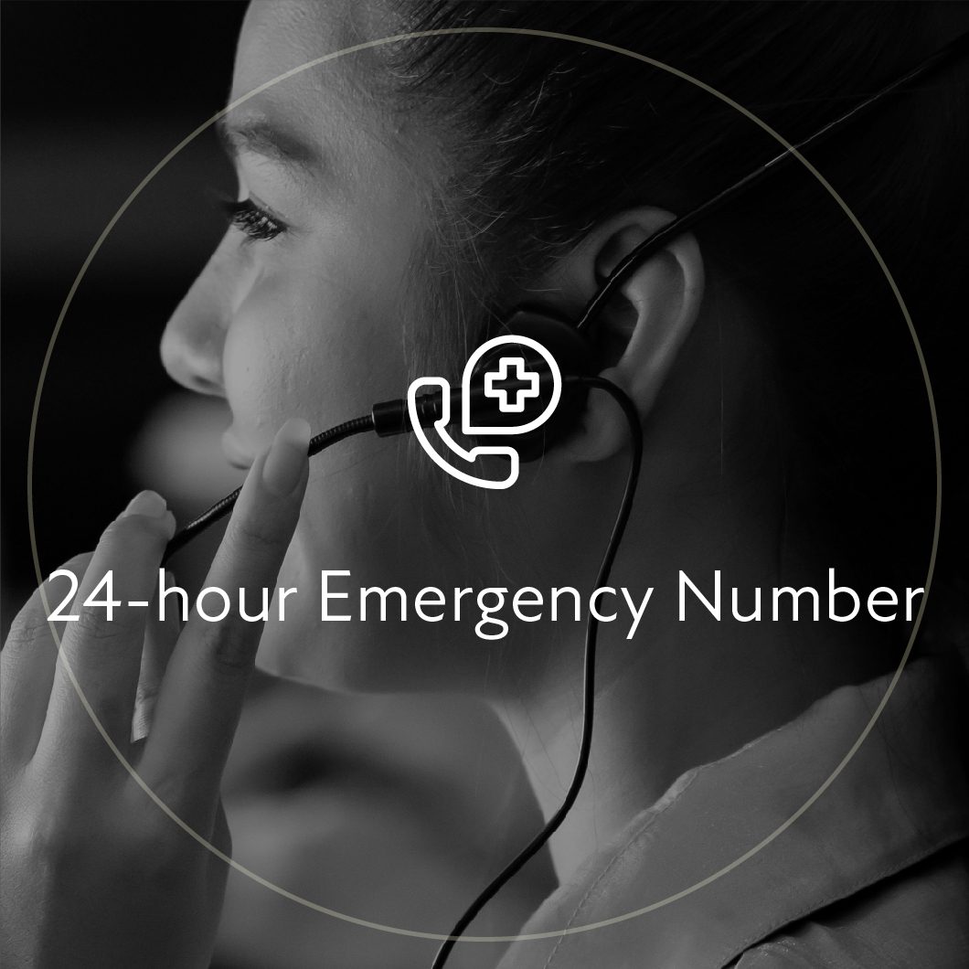 24-hour emergency number icon: staff member wearing a headset