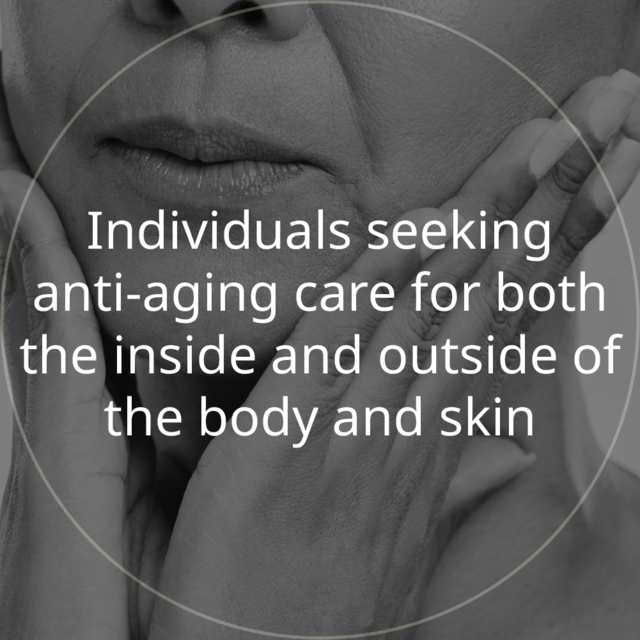 Circular close-up of hands cradling a face: individuals seeking anti-aging care for both the inside and outside of the body and skin
