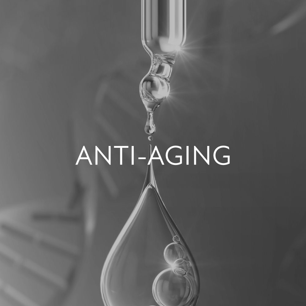 스포이트에서 떨어지는 액체 방울과 DNA 이미지, 'ANTI-AGING' 문구